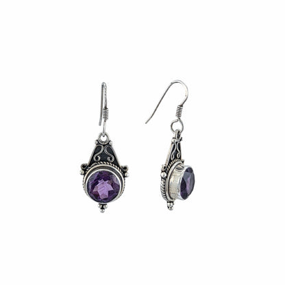 Boucles d'oreilles pendantes en argent sterling avec filigrane balinais et pierre d'améthyste ronde, bijoux artisanaux Montréa