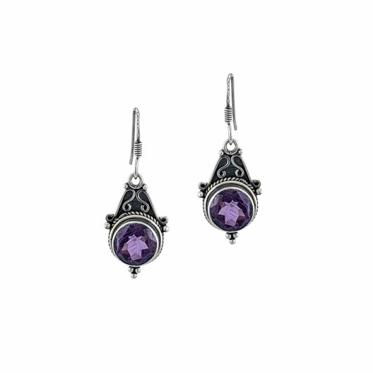 Boucles d'oreilles pendantes en argent sterling avec filigrane balinais et pierre d'améthyste ronde, bijoux artisanaux Montréa