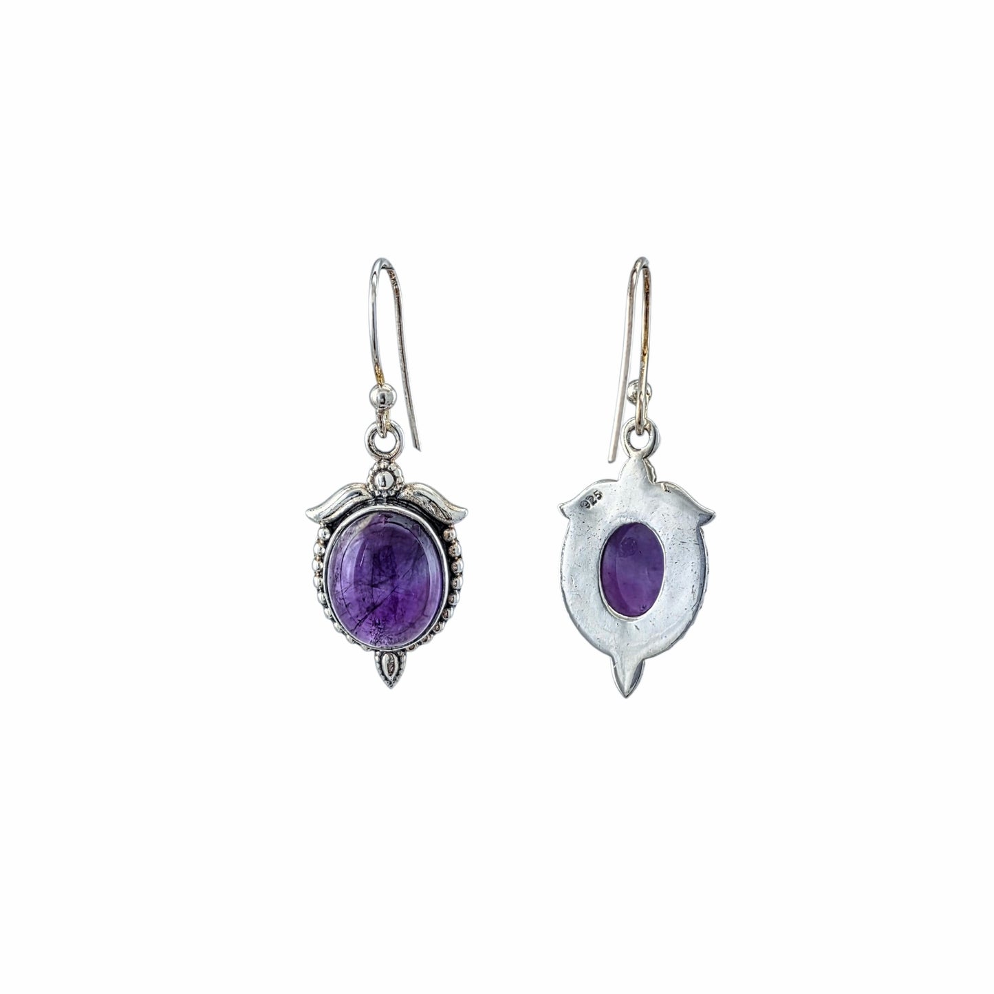 "Angel Wings" Earrings — Natural Amethyst Cabochon & Sterling Silver