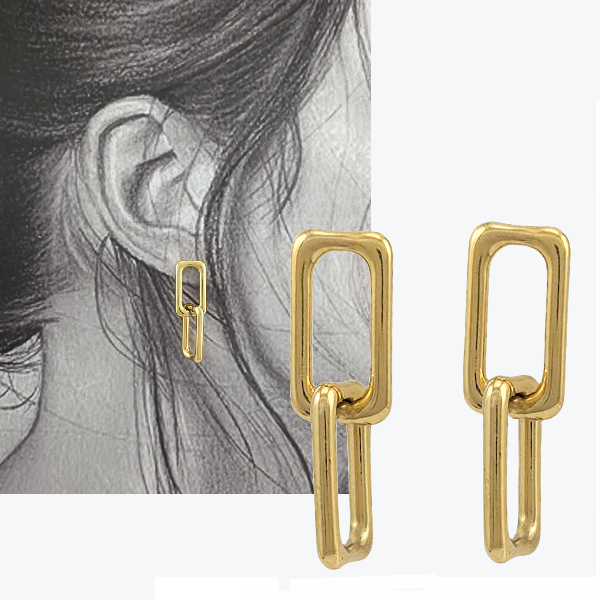 Boucle d’oreille dorée en acier avec deux maillons décalés – modèle Twist’n’Link