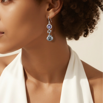 Boucles d'oreilles pendantes deux parties en argent sterling avec améthyste ronde taillée à facettes et pendentif lanterne filigrane balinais gravé, bijoux artisanaux Montréal