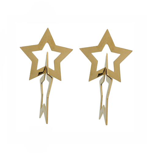 Boucles d’oreilles pendantes en acier doré avec deux étoiles creuses superposées