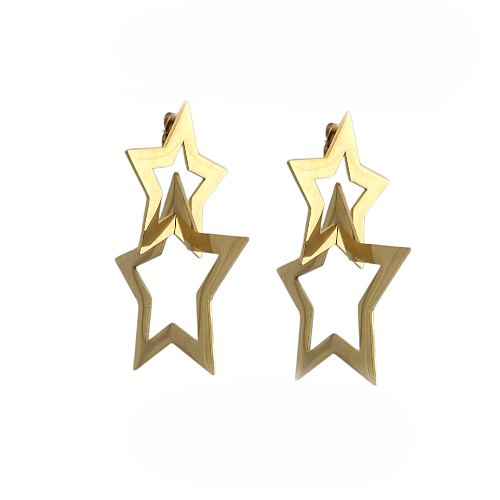 Boucles d’oreilles pendantes en acier doré avec deux étoiles creuses superposées