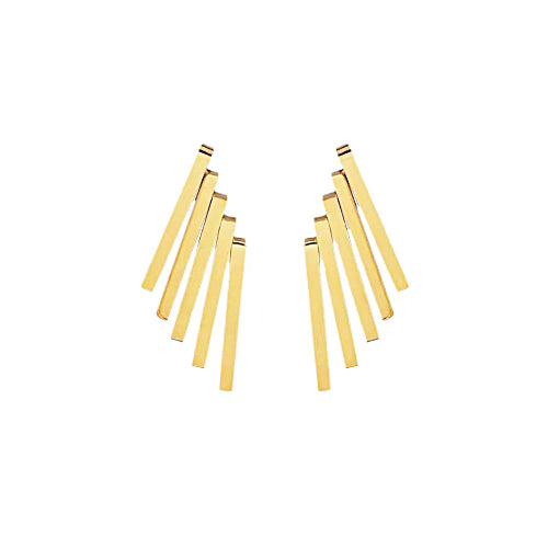 Boucles d’oreilles clous dorées composées de barres géométriques modernes en éventail.