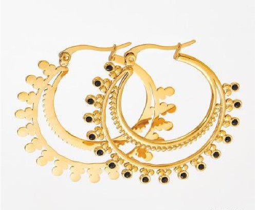 Boucles "Noor" – Créoles Dorées aux Pierres Noires en acier inoxydable  - Alberto Bijoux