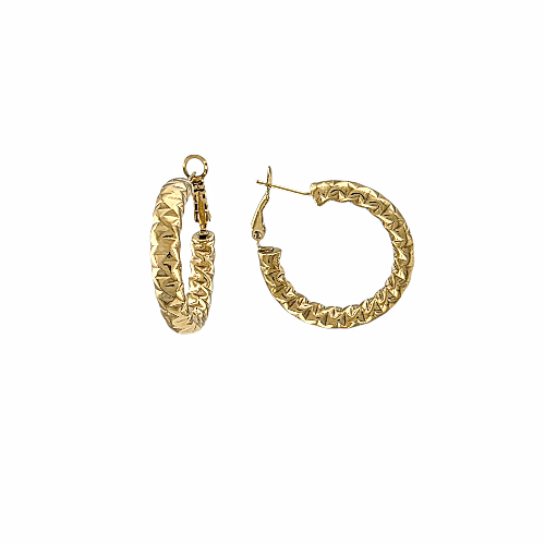 Boucles d’oreilles dorées sculptées en acier inoxydable, disponibles en 20 mm et 30 mm. Alberto bijoux bijouterie montreal 