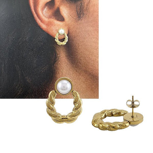 Boucles d’oreilles dorées en acier inoxydable – Tressées avec perle blanche - Alberto Bijoux