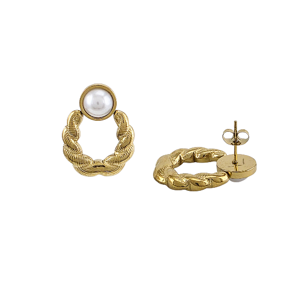 Boucles d’oreilles dorées tressées avec perle blanche – Alberto Bijoux Montréal