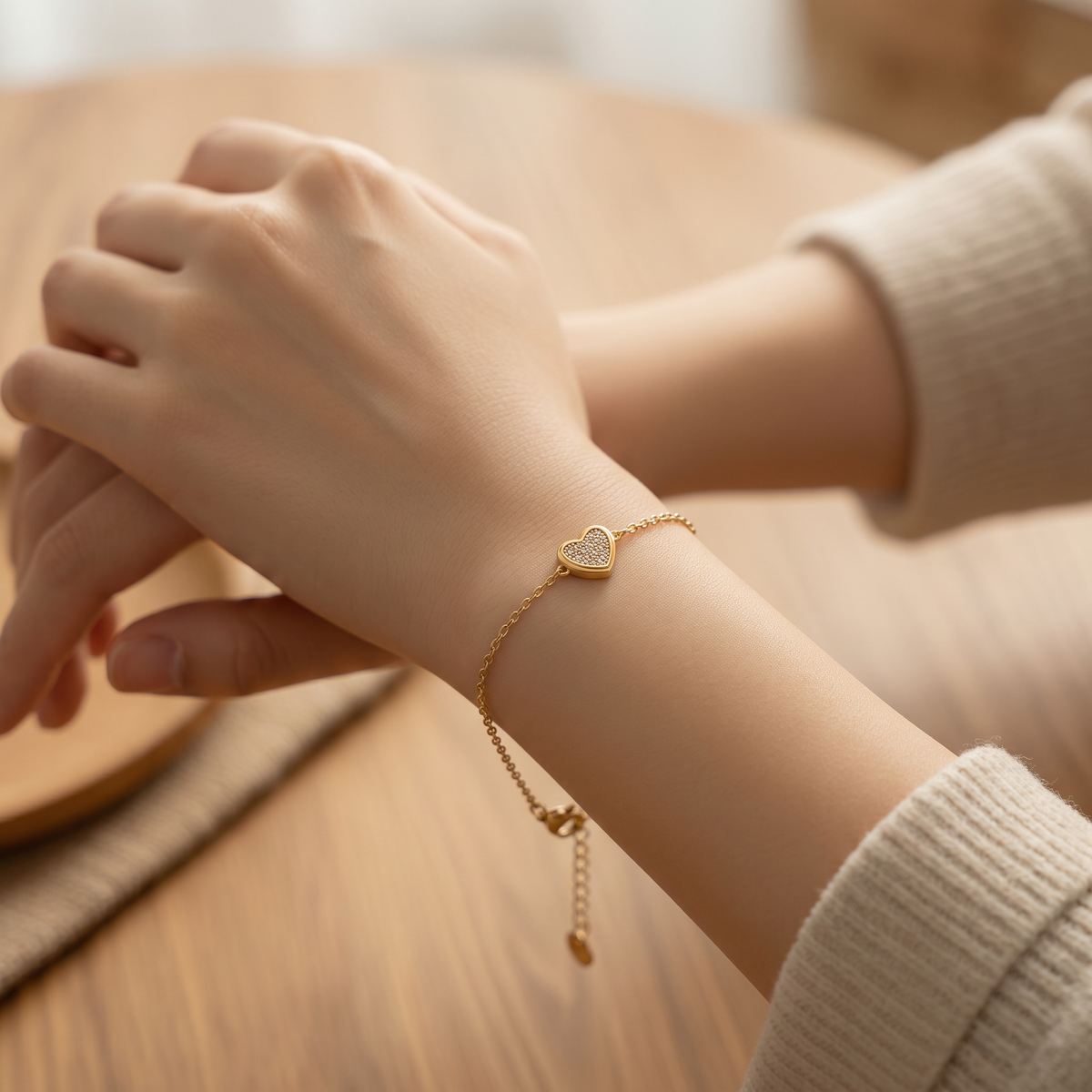 Bracelet “Coeur Doux” – Mailles Dorée & Cœur Pavé Zircon en acier inoxydable  - Alberto Bijoux
