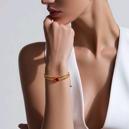  Bracelet Double Chaîne avec Pierre Rouge en acier inoxydable  - Alberto Bijoux