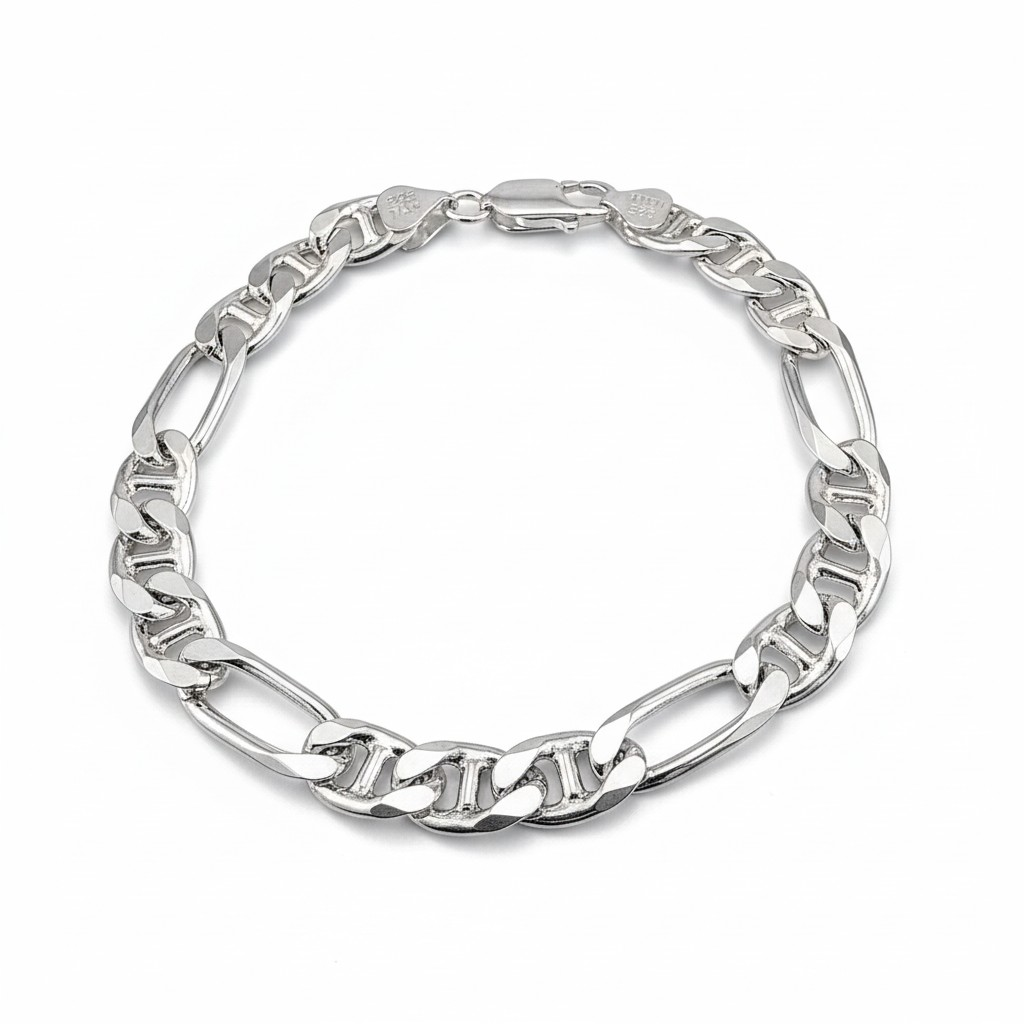 Bracelet chaîne Figaro Mariner en argent sterling 925 8mm fabriqué en Italie