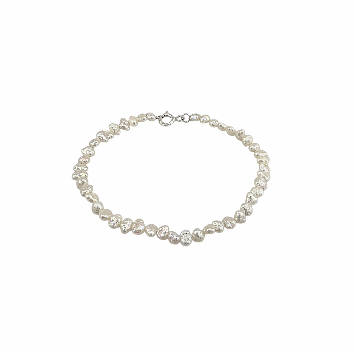 Bracelet petites perles baroques d'eau douce 5.75mm fermoir spring ring argent 7.5 pouces blanc nacré