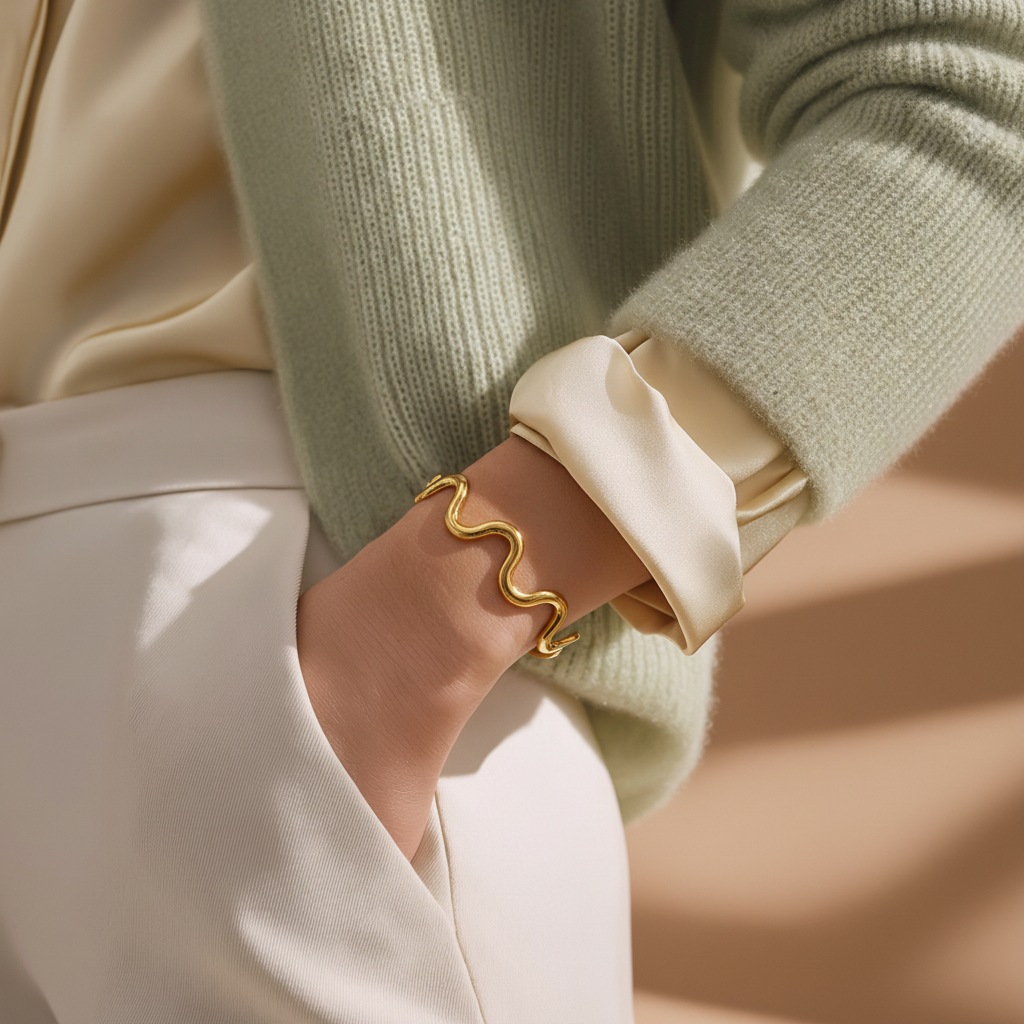 Elva – Bracelet Manchette Ondulé en Acier Doré - Alberto Bijoux
