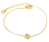 Bracelet fin doré à l’or 18k avec pendentif rond pavé de zircons de 8.5 mm, chaîne ajustable 18 + 3 cm.