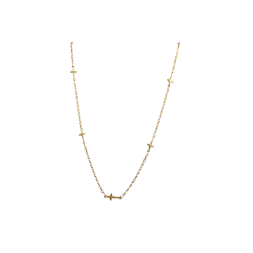 Collier doré minimaliste avec petites croix horizontales sur fond blanc