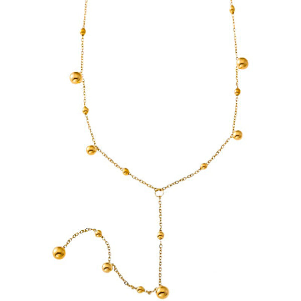 Collier en Y doré avec petites pampilles arrondies suspendues sur une chaîne fine, présenté sur fond blanc