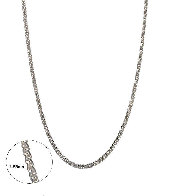 Collier chaîne wheat en argent sterling 1.85mm avec maillons en huit entrelacés et finition brillante, détail agrandi de la texture sur fond blanc