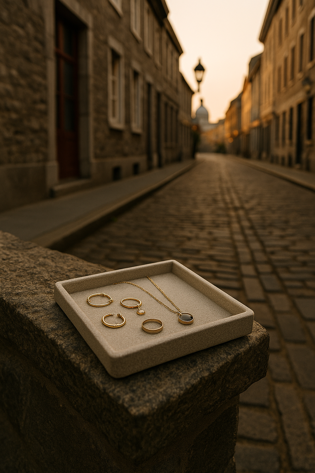 jewelry in box with cobble street background