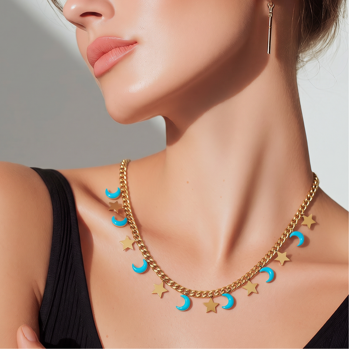 Collier “Cosmic Pop” – Lunes Turquoise & Étoiles Dorées en acier inoxydable - Alberto Bijoux