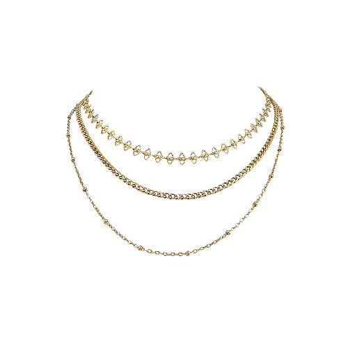 Collier doré multi-rangs avec triangles texturés et chaînes variées en acier inoxydable