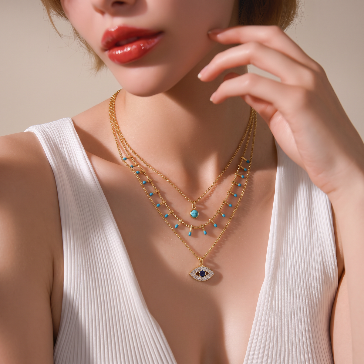 Collier “Talisma” – Trio Doré Protecteur Œil Bleu & Turquoises en acier inoxydable - Alberto Bijoux