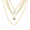 Collier doré avec pendentif œil bleu et pierres turquoises, style protecteur et spirituel, présenté sur fond blanc