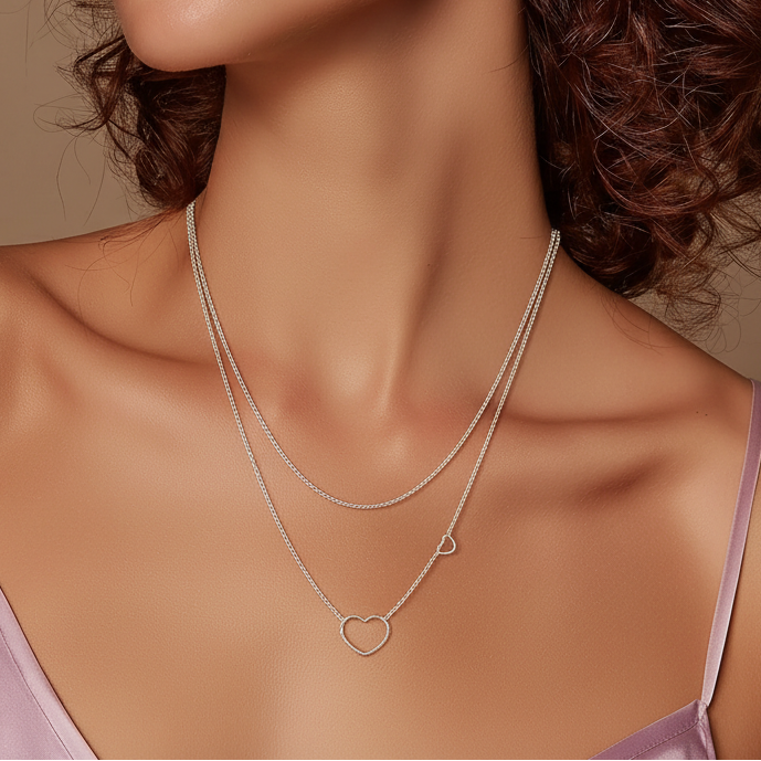  Collier double rang cœur argent 925 16 18 pouces layered minimaliste deux chaînes