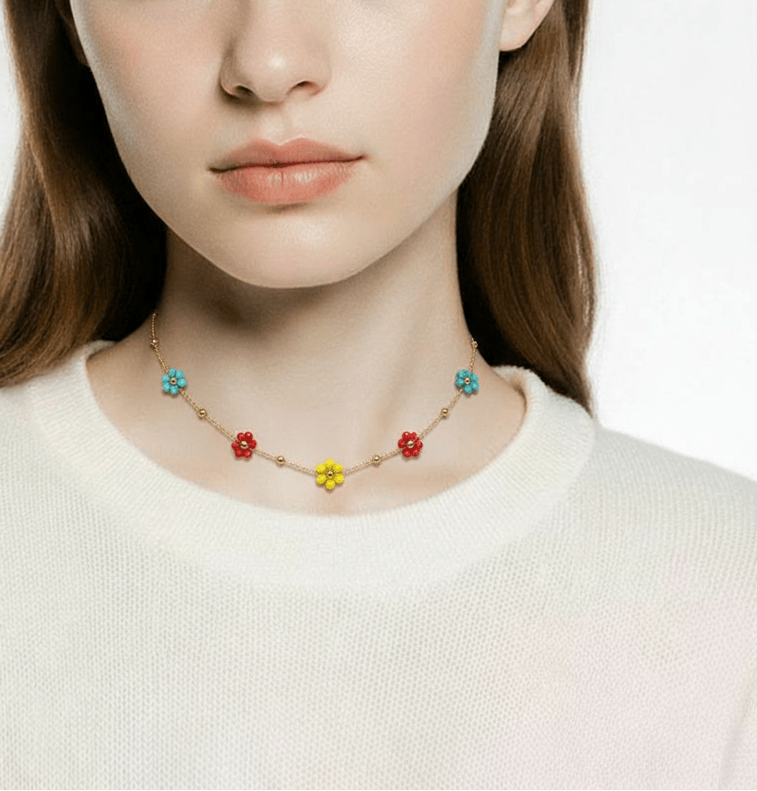 Collier fleurs cristal multicolores – Chaîne dorée - Alberto Bijoux