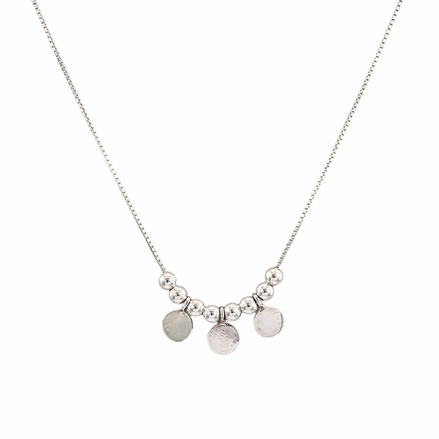 Collier perles pastilles rondes argent 925 texture martelée 16 pouces fin délicat triple disques