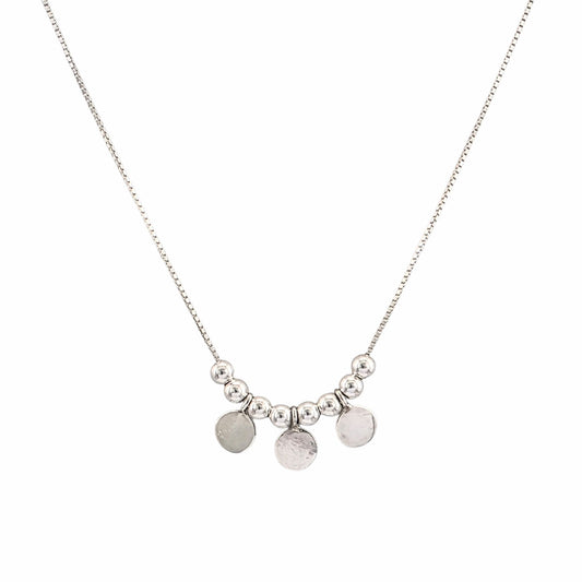 Collier perles pastilles rondes argent 925 texture martelée 16 pouces fin délicat triple disques