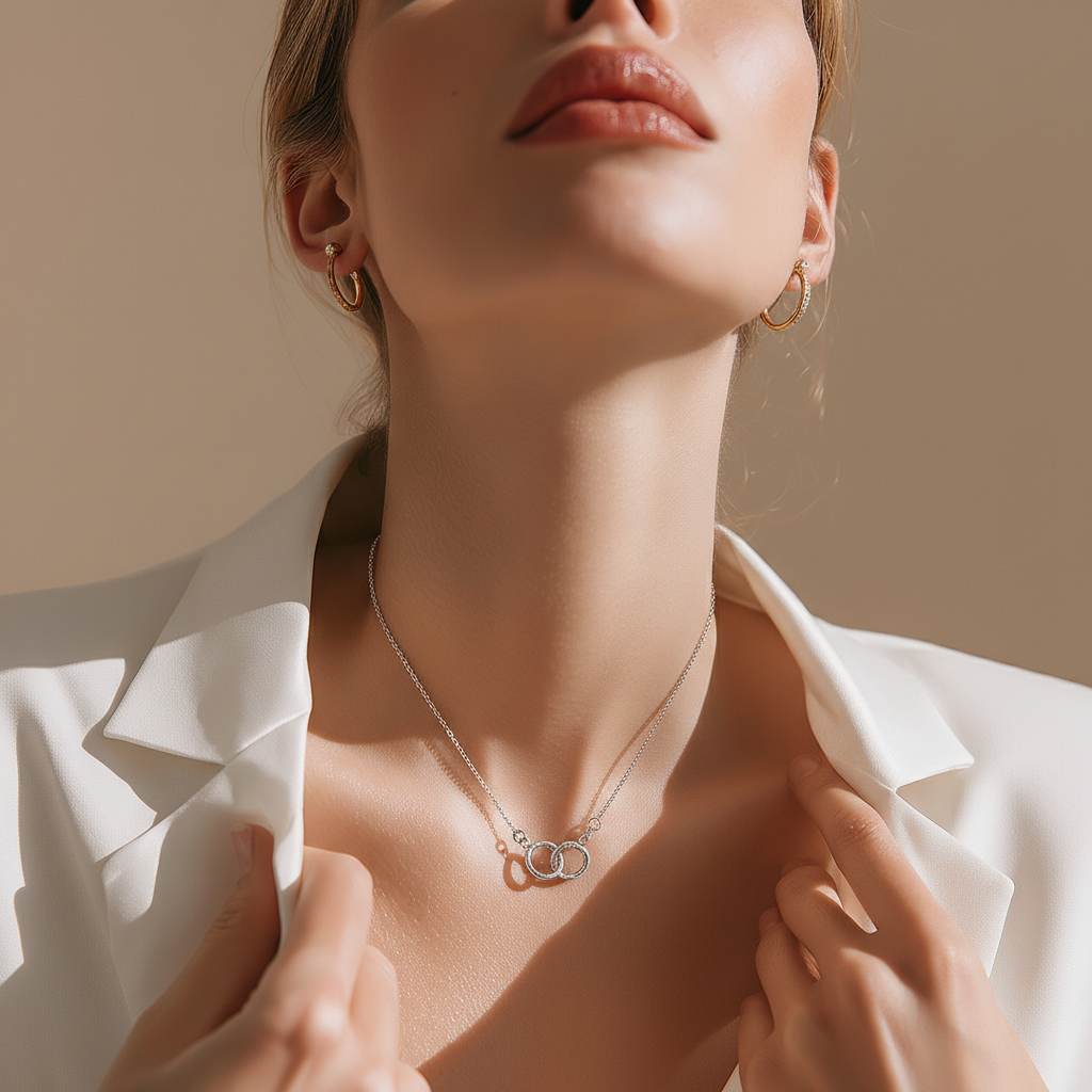 Collier double anneau argent 925 cercles entrelacés 9mm minimaliste chaîne 16 pouces