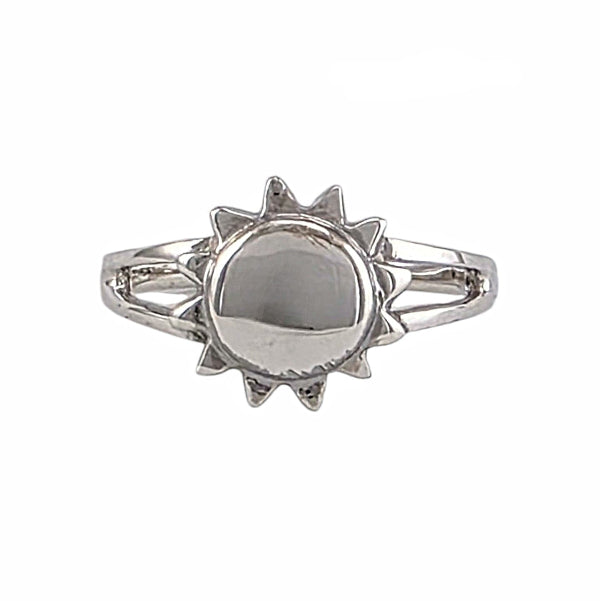 Bague argent sterling design cosmos avec rayons solaires sculptés, centre bombé miroir, style bohème moderne