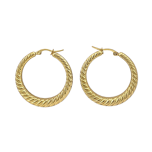 Boucles d'oreilles créoles dorées XXL 46x46mm avec design rope twist torsadé et finition brillante sur fond blanc