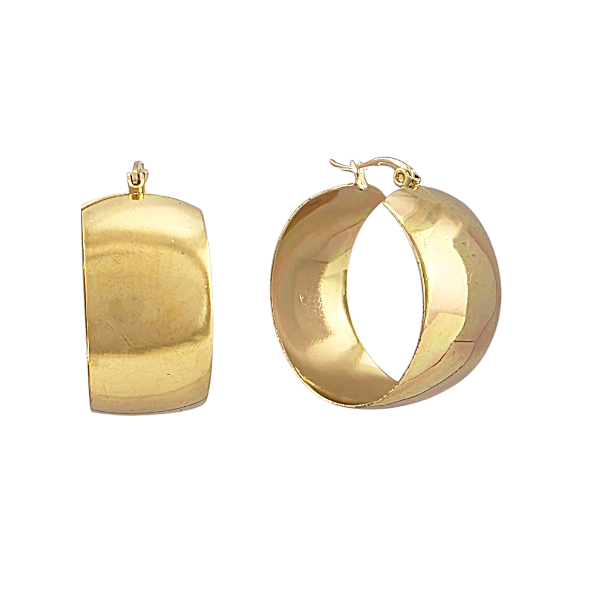 Boucles d'oreilles créoles dorées épaisses 32x29mm largeur 15mm avec finition brillante et fermeture à charnière sur fond blanc