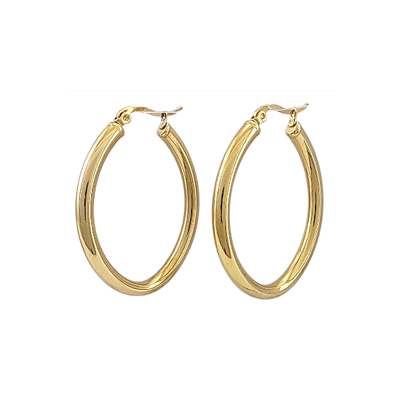 Boucles d'oreilles créoles dorées ovales 45x33mm avec tube épais 4mm et finition brillante sur fond blanc