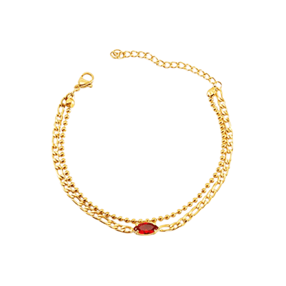 Flamme Dorée – Bracelet Double Chaîne avec Pierre Rouge en acier inoxydable  - Alberto Bijoux