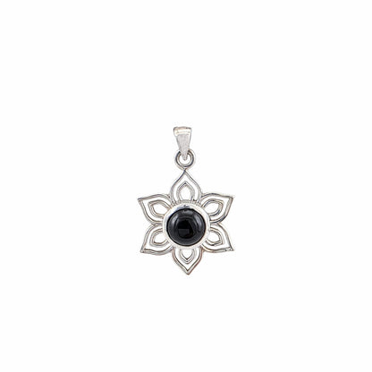Pendentif fleur de lotus ajourée en argent sterling 925 poli avec onyx noir naturel serti en cabochon au centre, sept pétales pointus, 17mm, Alberto Bijoux