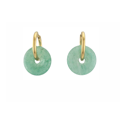 Paire de boucles d’oreilles dorées avec disque vert en pierre naturelle, vue de face