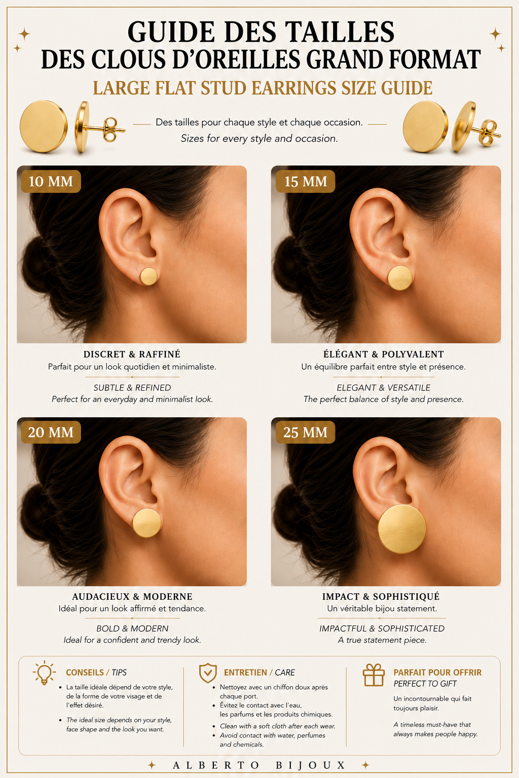 Large flat stud earring size guide Alberto BIjoux