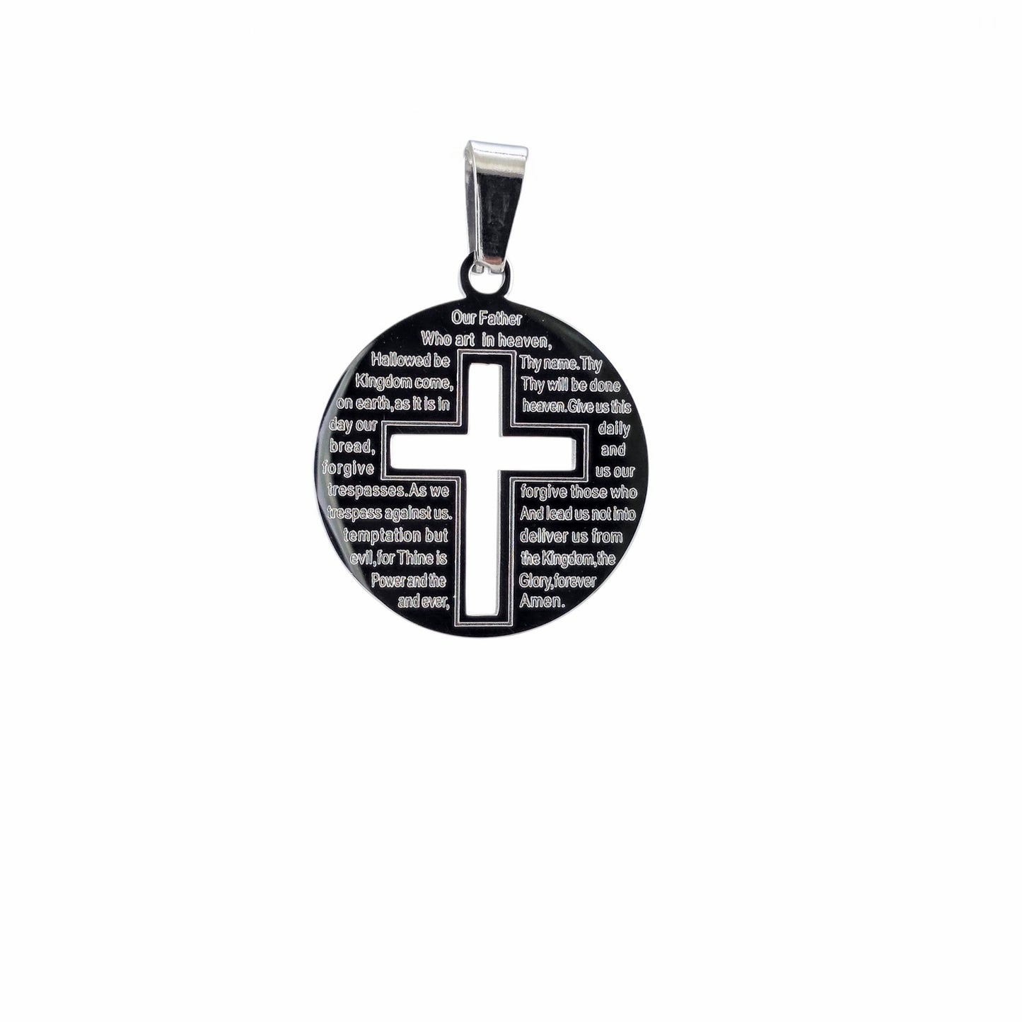Médaillon Notre Père croix acier inoxydable noir 316L – Alberto Bijoux Montréal