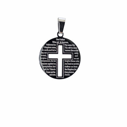 Médaillon Notre Père croix acier inoxydable noir 316L – Alberto Bijoux Montréal