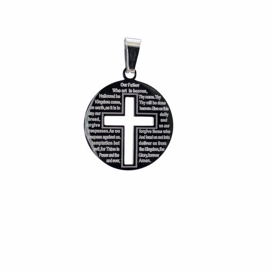 Médaillon Notre Père croix acier inoxydable noir 316L – Alberto Bijoux Montréal