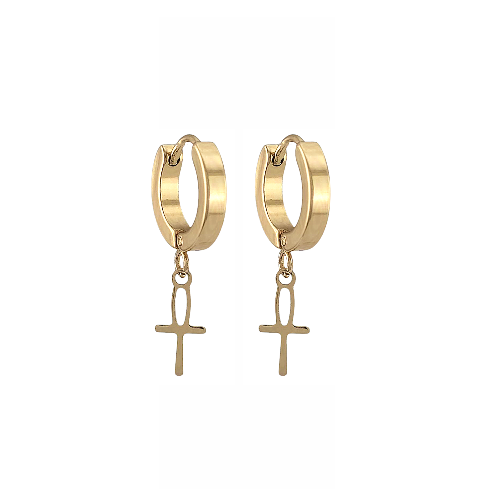 Boucles d’oreilles huggies dorées avec pendentif croix ankh en acier inoxydable