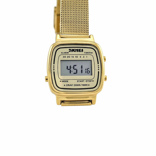 Montre digitale dorée en acier inoxydable avec bracelet maille métallique rétro