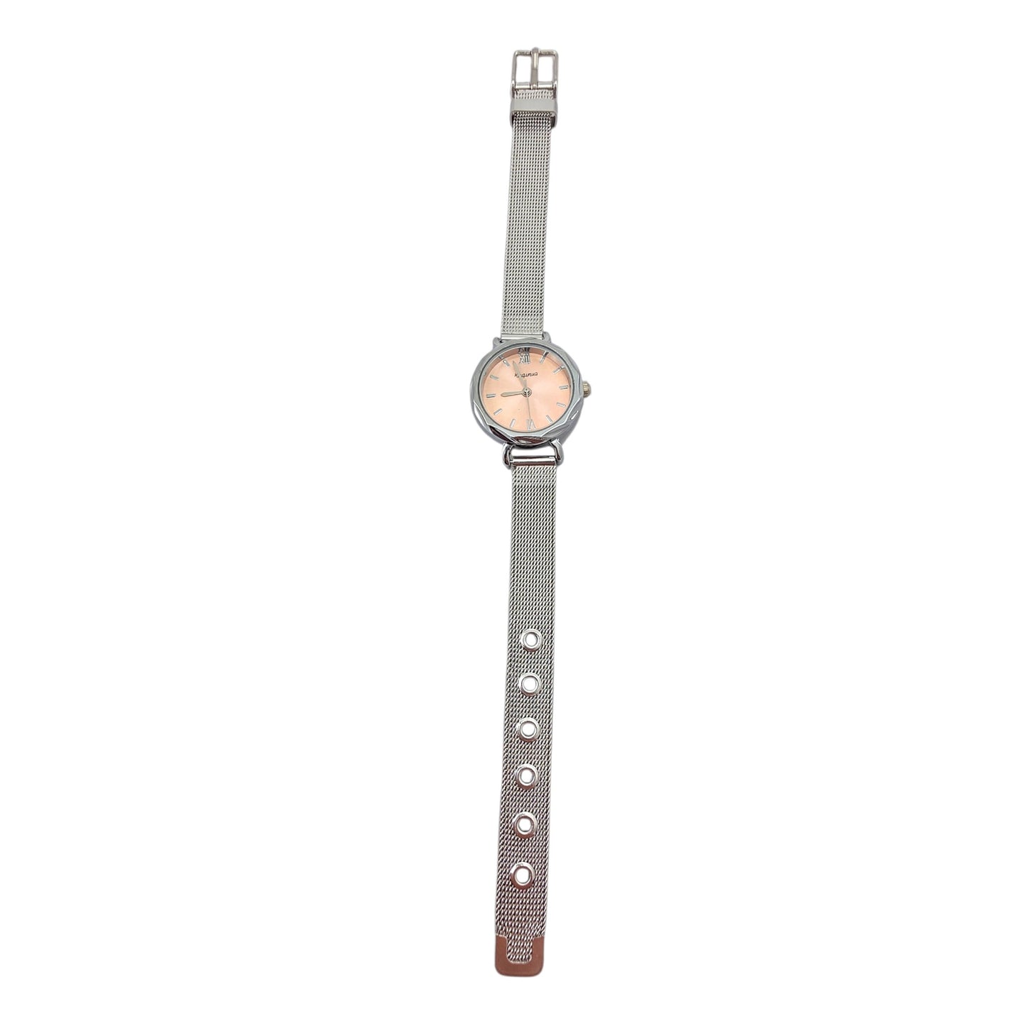 Montre femme acier inoxydable cadran rose gold bracelet mesh argenté milanais ajustable