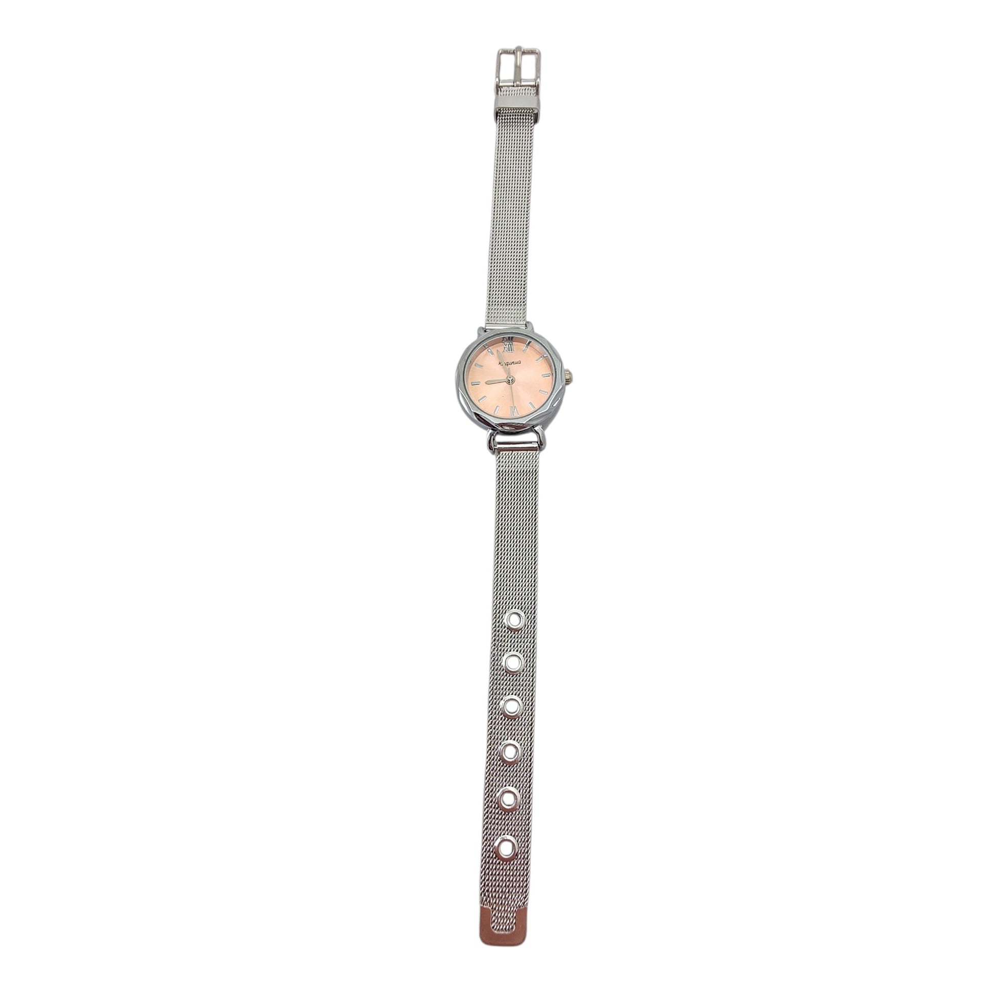 Montre femme acier inoxydable cadran rose gold bracelet mesh argenté milanais ajustable