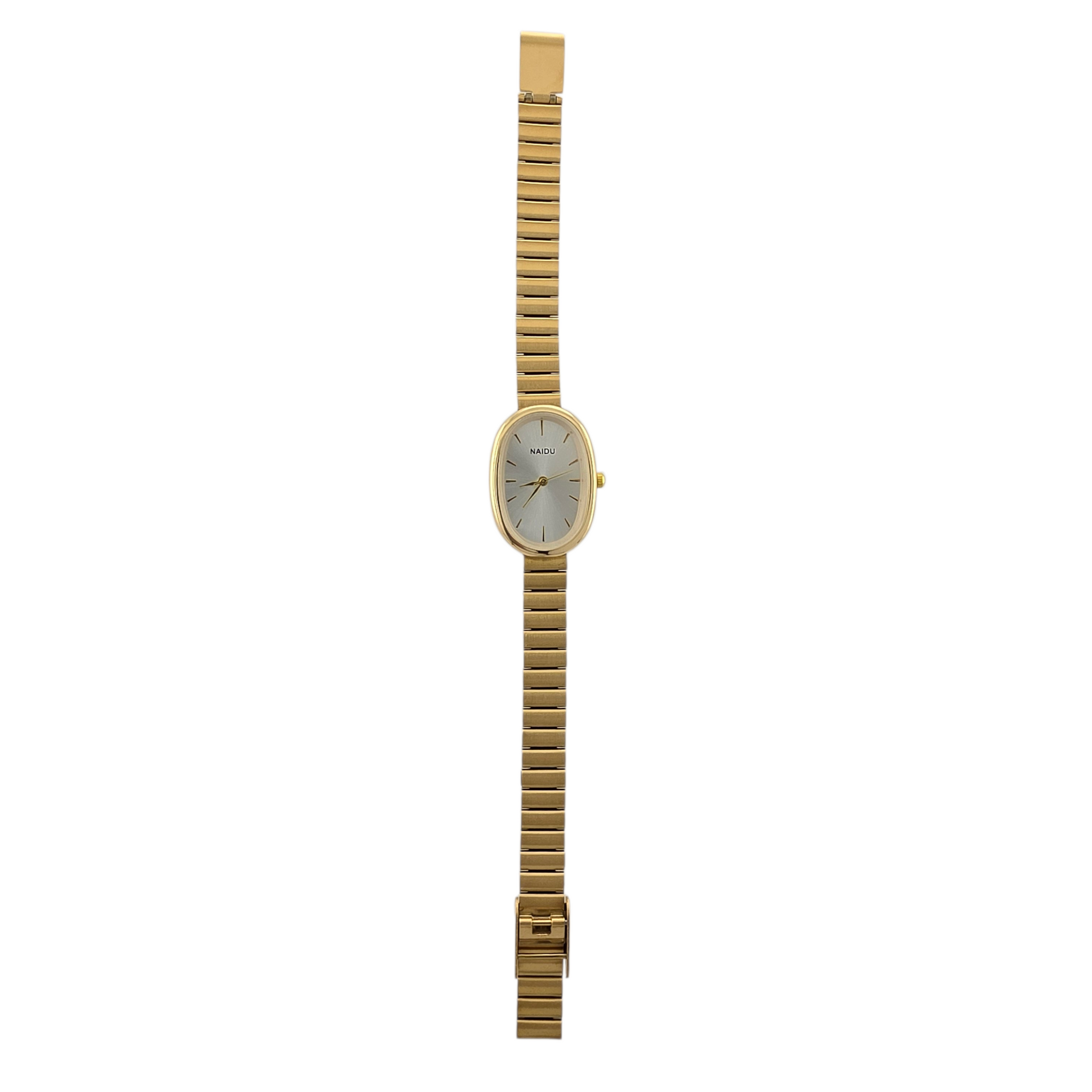 Montre femme ovale dorée cadran argenté bracelet extensible doré rétro chic