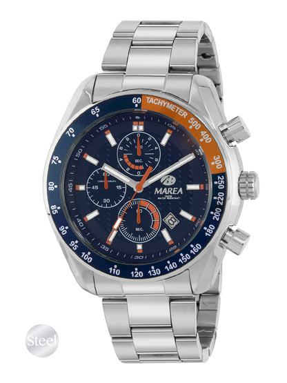 Montre chronographe homme Marea en acier inoxydable, lunette tachymètre bleue et orange, cadran bleu à trois compteurs