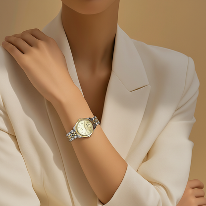 Montre femme bicolore argent doré 25mm cadran champagne chiffres romains strass bracelet jubilé
