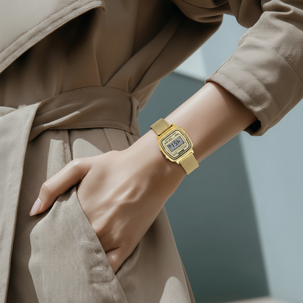 Montre Digitale Dorée en Acier Inoxydable – Style Rétro Moderne